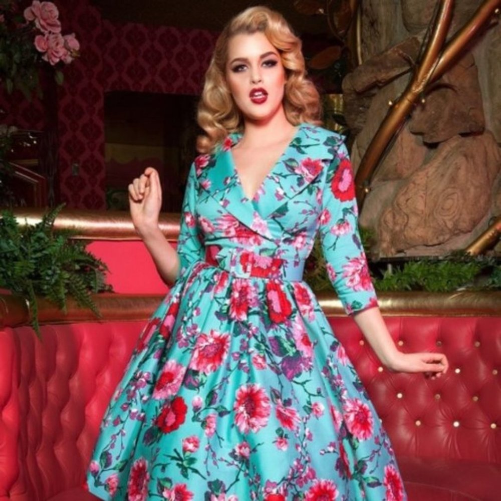 Blue & pink floral Birdie dress— Pinup Girl Clothing (PUG)— rare, vintage, retro